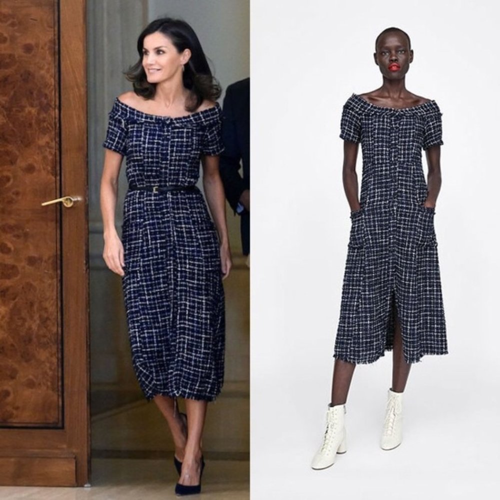 Zara Blue Tweed Midi Dress Queen Letizia